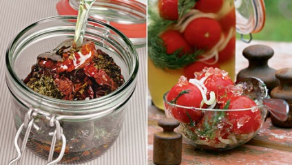 Tomate conservate roșii tocate cu sfecla, umplute, uscate și jeleu pe