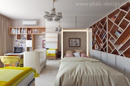 Abacus, design dormitor 17 m2 pentru părinți și doi copii (proiectare) Abacus, dormitor design de 17 m2 pentru părinți și doi copii