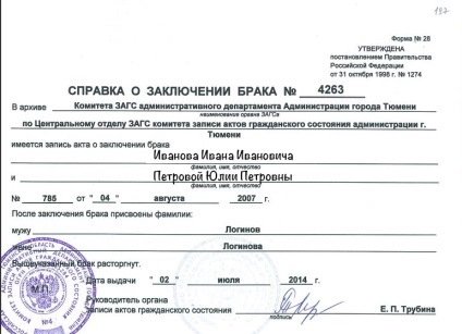 Certificat de căsătorie de la biroul registraturii (căsătorie) Certificat de căsătorie de la biroul registraturii