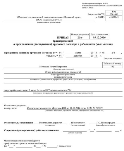 DISMISS personalului decedat (moarte) Respingeți angajatului decedat
