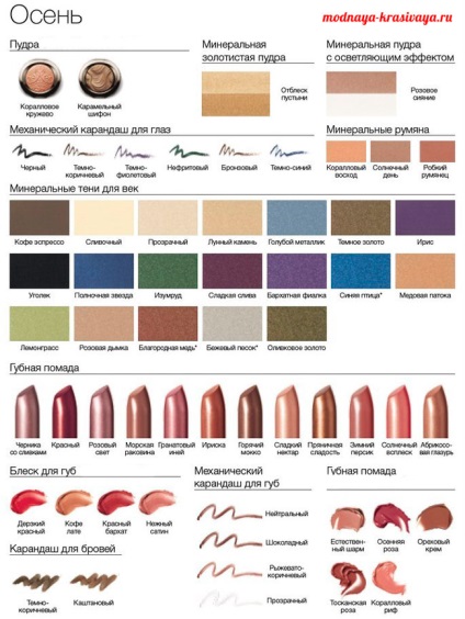 Tsvetotip Toamna - paleta de culori, make-up, un dulap de bază (Paletă) Tsvetotip Toamna - paleta de culori, make-up, un dulap de bază