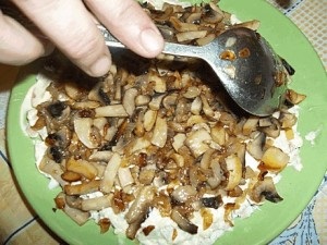 salata Layered cu ciuperci si pui, retete straturi salate (pui salata de ciuperci ou) salata Layered cu ciuperci si carne de pui, salate straturi rețete