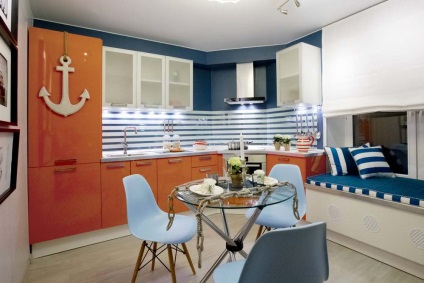 Bucătărie într-un stil de fotografii, celadon, camera nautică bucatarie-living interior cu mâinile, perdele, video (într-o bucătărie în stil marin) Bucătărie într-un stil de fotografii, celadon, camera nautică bucatarie-living interior cu mâinile sale, perdele, video