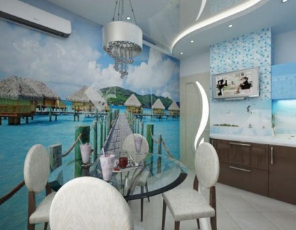 Bucătărie într-un design interior în stil nautic, cu propriile lor mâini pe mici sau spațiul combinat (bucatarie + interior în fotografie stil maritim) Bucătărie într-un design interior în stil nautic, cu propriile lor mâini într-un spațiu mic sau reciproc