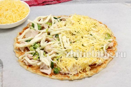 Pizza cu carne de pui, roșii și brânză rețetă cu fotografie (de pui) Pizza cu carne de pui, roșii și brânză rețetă cu o fotografie