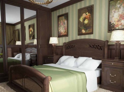 mobilier pentru dormitor cu tapet întuneric și lumină, exemple ale interioarelor (inchisa la culoare) Dormitor cu mobilier de culoare închisă, și tapet luminos, exemple de interioare