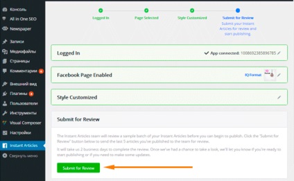 Instant articol facebook cum să stabilească și să publice (a reveni consola WordPress) Instant articol facebook cum să stabilească și să publice