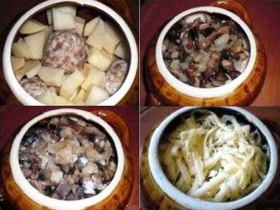 Chiftelele un vas cu cartofi și ciuperci (chiftele într-un vas cu cartofi) Chiftelele un vas cu cartofi și ciuperci