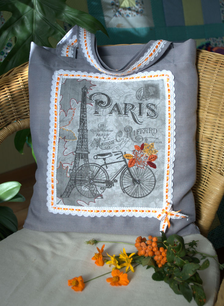 Coase-string sac cu un sac de imprimare textil „Toamna la Paris“ - Fair Masters - lucru manual (coase punga) Coase-string sac cu un sac de imprimare textil „Toamna la Paris“ - târg de meșteșugari - realizate manual,