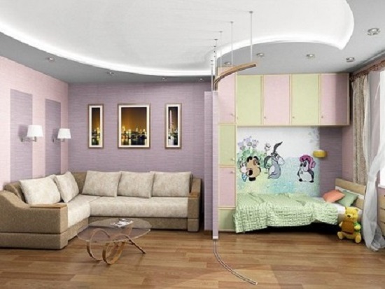 Zonarea un apartament cu un dormitor pentru o familie cu un copil prin pereți despărțitori (zonare) Zonarea un apartament cu un dormitor pentru o familie cu un copil prin șicane