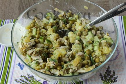 Salata cu pui, mazăre și castravete - un pas cu pas reteta cu fotografii de salate (salata) Salata cu carne de pui, mazăre și castravete - un pas cu pas reteta cu fotografii, salate