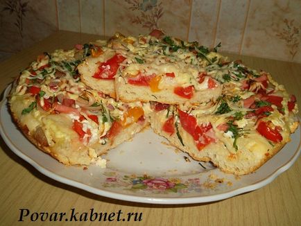 Рецепт смачної піци з ковбасою, сиром, помідорами і болгарським перцем (піци) Рецепт смачної піци з ковбасою, сиром, помідорами і болгарським перцем