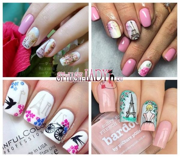 manicure manicure z wieżą Eiffla na paznokciach