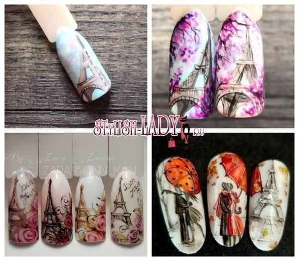 manicure manicure z wieżą Eiffla na paznokciach