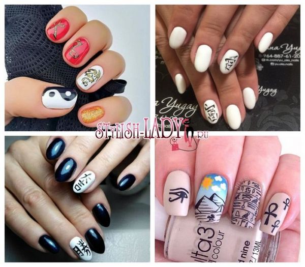 manicure z hieroglifami na paznokciach manicure