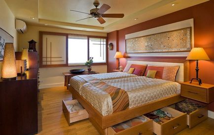 Dormitor în stil japonez, fotografie, design de interior cu propriile lor mâini, perdele de design, mic mobilier,