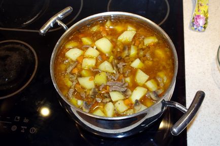 Cartofi, tocana cu carne și ciuperci în cuptor, oale și o tigaie