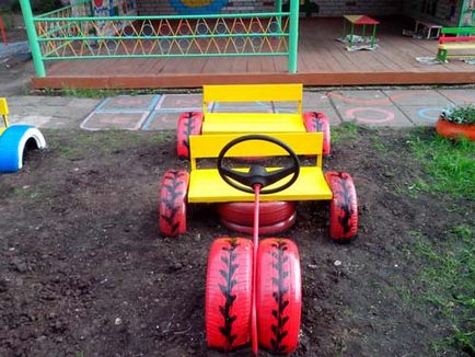 Mașini pentru un loc de joacă pentru copii, cu propriile sale mâini, iar ideea de a construi o fotografie de anvelope și lemn
