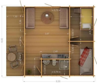 Dispoziție House, 6 x 6 metri caracteristici ale organizării spațiului