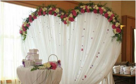 Arcul de nunta cu mâinile lor - flori, tesatura sau bile