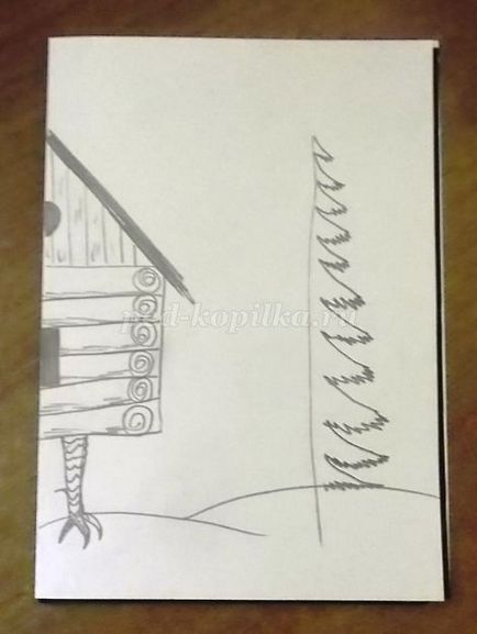 Cum de a desena o colibă ​​de etape creion Baba Yaga cu fotografii de copii de 5-6-7 ani