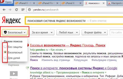 Setarea motorului de căutare Yandex