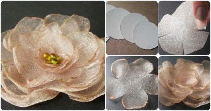 Floarea de pe rochie făcută din pânză cu său pas cu pas mâinile expertul clasa kanzashi, înconjoară floare