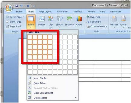 Cum de a crea un tabel Word (manual)