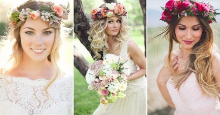 coroană de flori de nunta pe cap - o imagine de nunta, cu o coroană de flori, fructe de pădure, panglici, pene