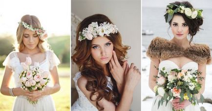 coroană de flori de nunta pe cap - o imagine de nunta, cu o coroană de flori, fructe de pădure, panglici, pene