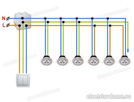 Schemă de conexiuni spoturi luminoase 220V pentru a comuta dvuhklavishnomu